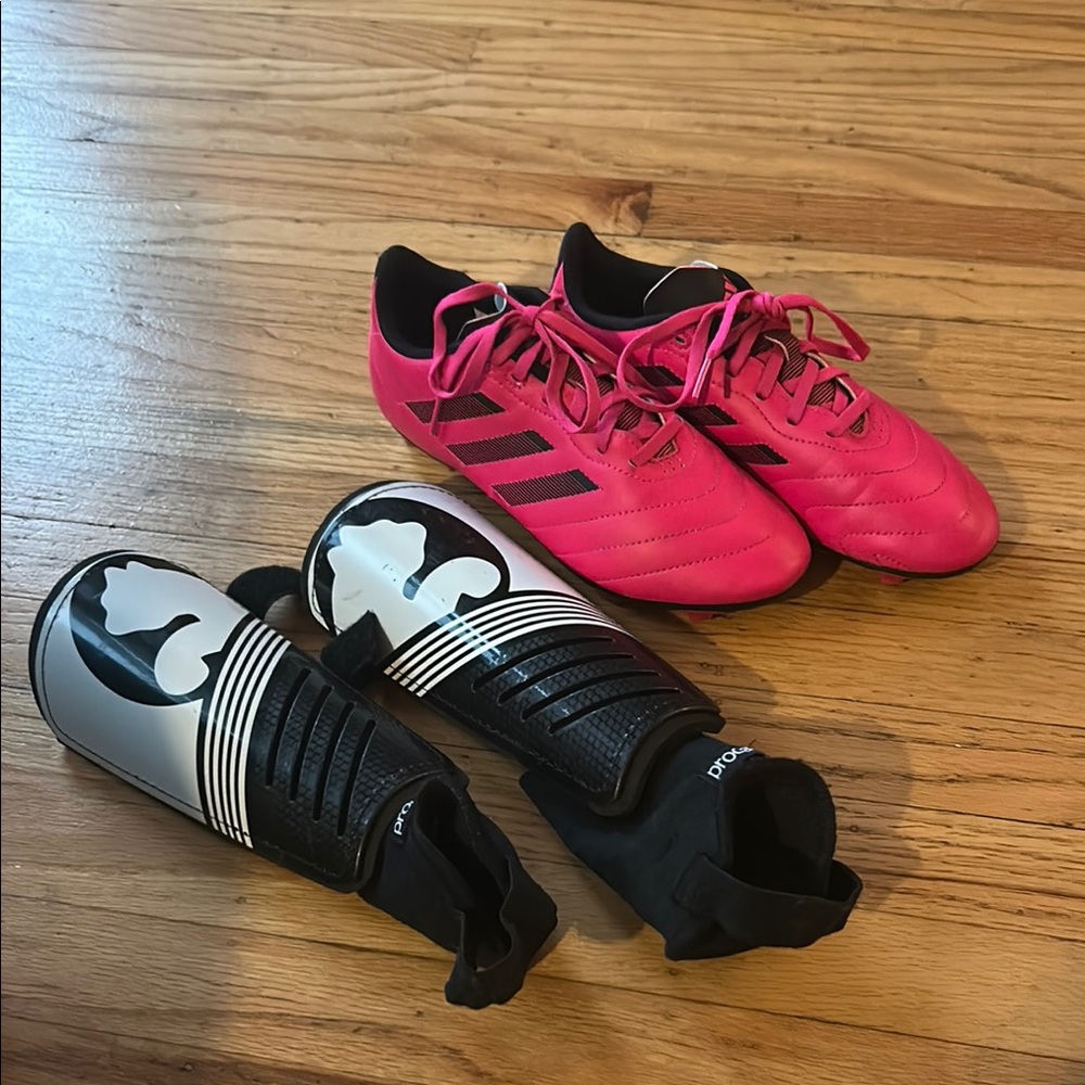 Adidas Pink and Black Soccer Cleats for Active Sports with Pro Cat shin  guards